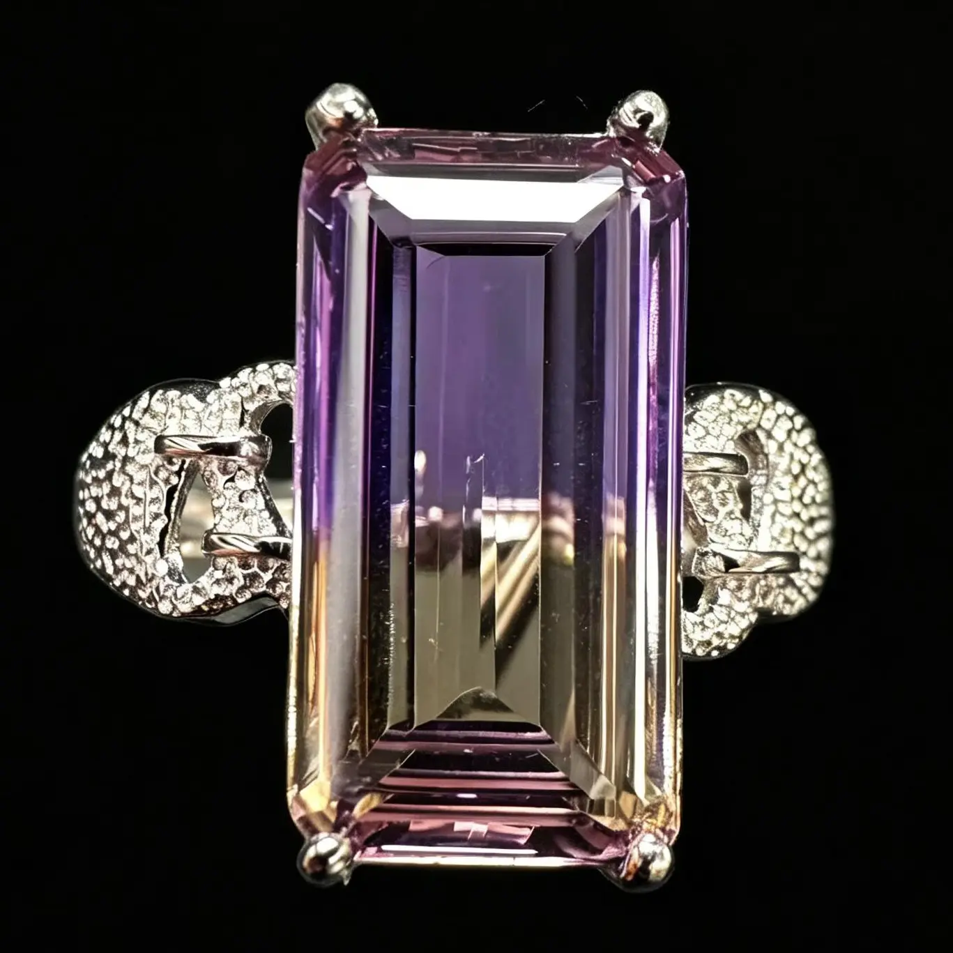 Unisex 925 Sterling Silver Long Emerald Cut Bi-Color Ametrine Pave CZ Buckle Adjustable Ring, Vintage Boho Witchy Aesthetic Cocktail Statement Ring for Adults, Ideal for Cocktail Dresses, Cocktail Dress, 18.4×9.8Mm