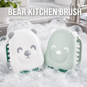 Cute Bear Kitchen Utensil Brush, U-Shaped Dish Scrubber with Replaceable Brush Head & Scrub Pad for Forks, Spoons, Straws, Dishes & Sink-Side Cleaning