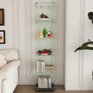 Premium 5-Tier Glass Display Case with 5 Dynamic LED Modes, Single Door Tempered Glass Bookshelf for Collectibles & Decor, Floor Standing Display Cabinet for Home & Office, Easy Assembly