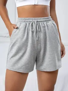 Heather Grey High Waist Drawstring Sweat Shorts for Women, Drawstring Active Shorts, Soft Cotton Blend Lounge Shorts with Pockets, Squat Proof Athletic Shorts for Gym Workout Running Yoga, Summer Casual Wear, Streetwear for Beach
