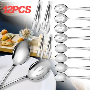 12PCS Stainless Steel Serving Utensils Sets - Large Serving Spoons,Slotted Spoons,Serving Tongs,Appetizer Tongs,Utensills Sets for Buffet Catering Banquet Party (Silver)