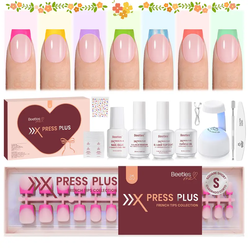 Beetles Pastel X PRESS PLUS French Tips Press on Nails Kit – Soft Nail Gel Tips Salon-Quality DIY Manicure in 15 Mins for Women