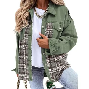 Women’s fall/winter denim jacket — long-sleeve plaid button-front shirt jacket
