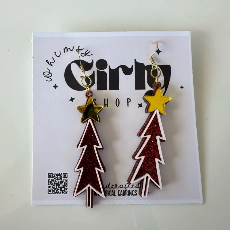 Christmas Tree Earrings | Red Glitter Acrylic Holiday Jewelry | Festive Lightweight Dangles