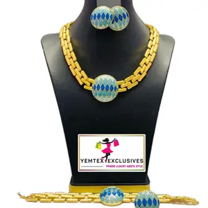 Elegant Gold 5 Piece Jewelry Set - Gold Neck Chain with Blue Stones, Elegant Design for a Statement look Classy Luxury Lightweight Bold