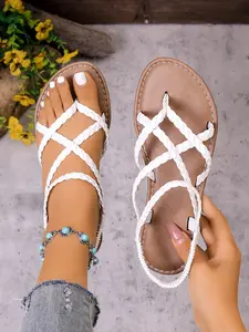 Braided Gladiator Flat Sandals, Boho Style, PU Leather, PVC Sole, Comfortable Soft Bottom, Versatile Summer Footwear, Large Sizes Available