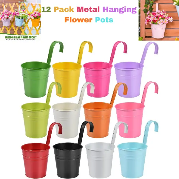 12 Pack Metal Hanging Flower Pots, 4 Inch Railing Planters with Detachable Hooks & Drainage Holes, Outdoor Fence Hanging Planters for Balcony, Patio, Home Garden & Yard Decor