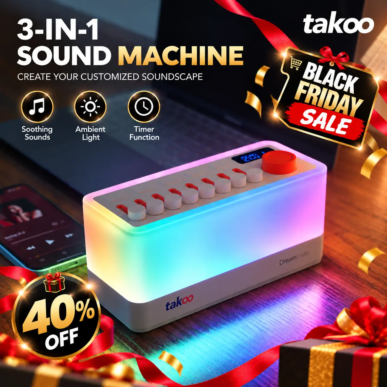 TAKOO 3-in-1 Portable Bluetooth Soothing Low-Noise Speaker - Sound Machine, Alarm Clock, 11 Adjustable Breathing Lights, 8 Mixable Nature Sounds, White/Brown/Pink Noise, 180-Min Timer, Fader Control, Indoor Sleep Aid Gadget