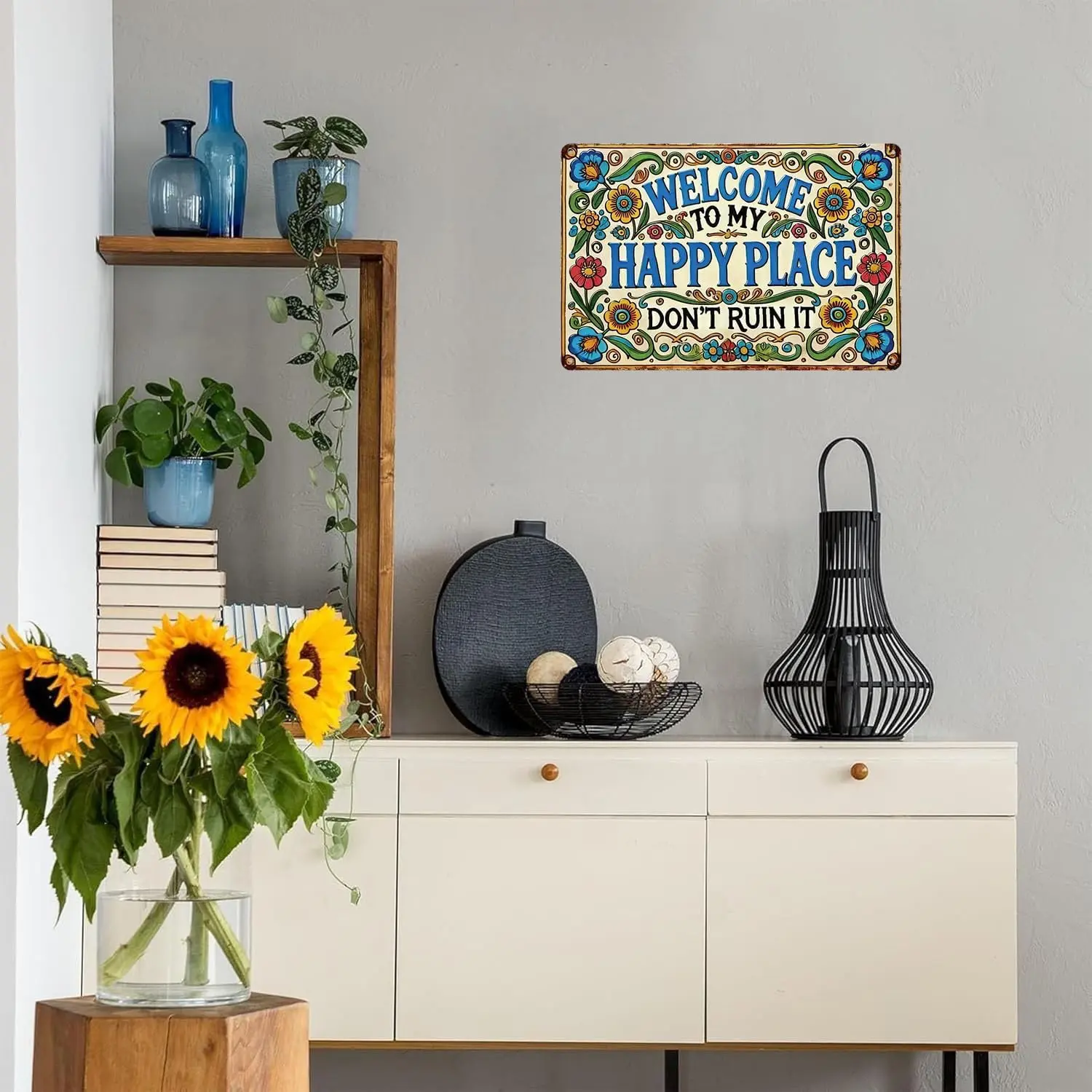Welcome to My Happy Place Don't Ruin It Funny Floral Metal Tin Sign, Boho Wall Decor for Bedroom Bathroom Living Room, Vintage Flower Room Decor, Cute Home Essentials Gift, 8x12 Inch