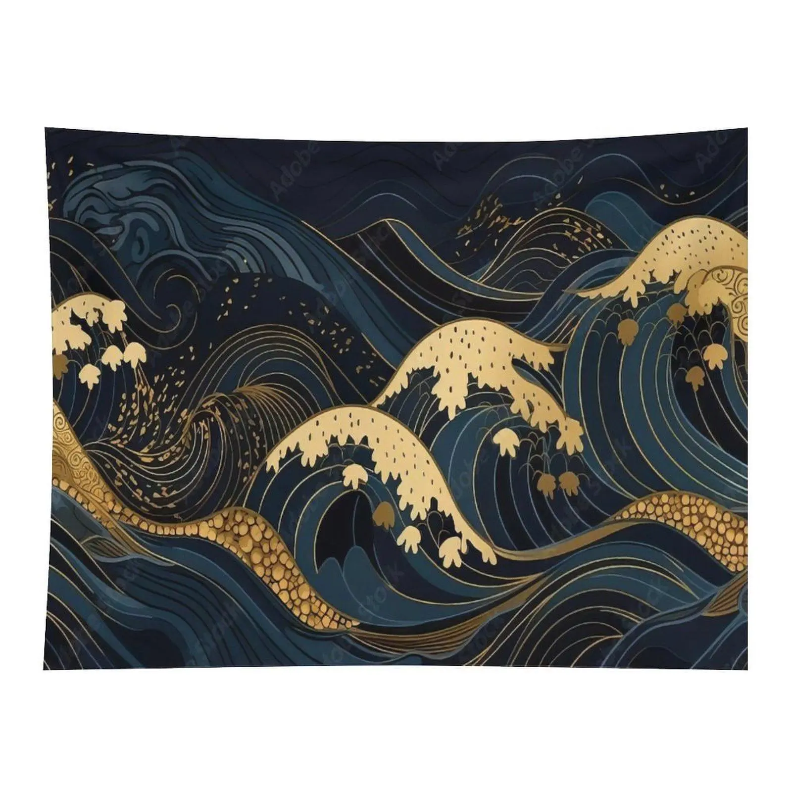 Dark Navy Blue Traditional Japanese Golden Line Wave Oriental Ukiyo-e Ocean Current Minimalist Luxury Art Wall Tapestry For Living Room Zen Aesthetic Decor