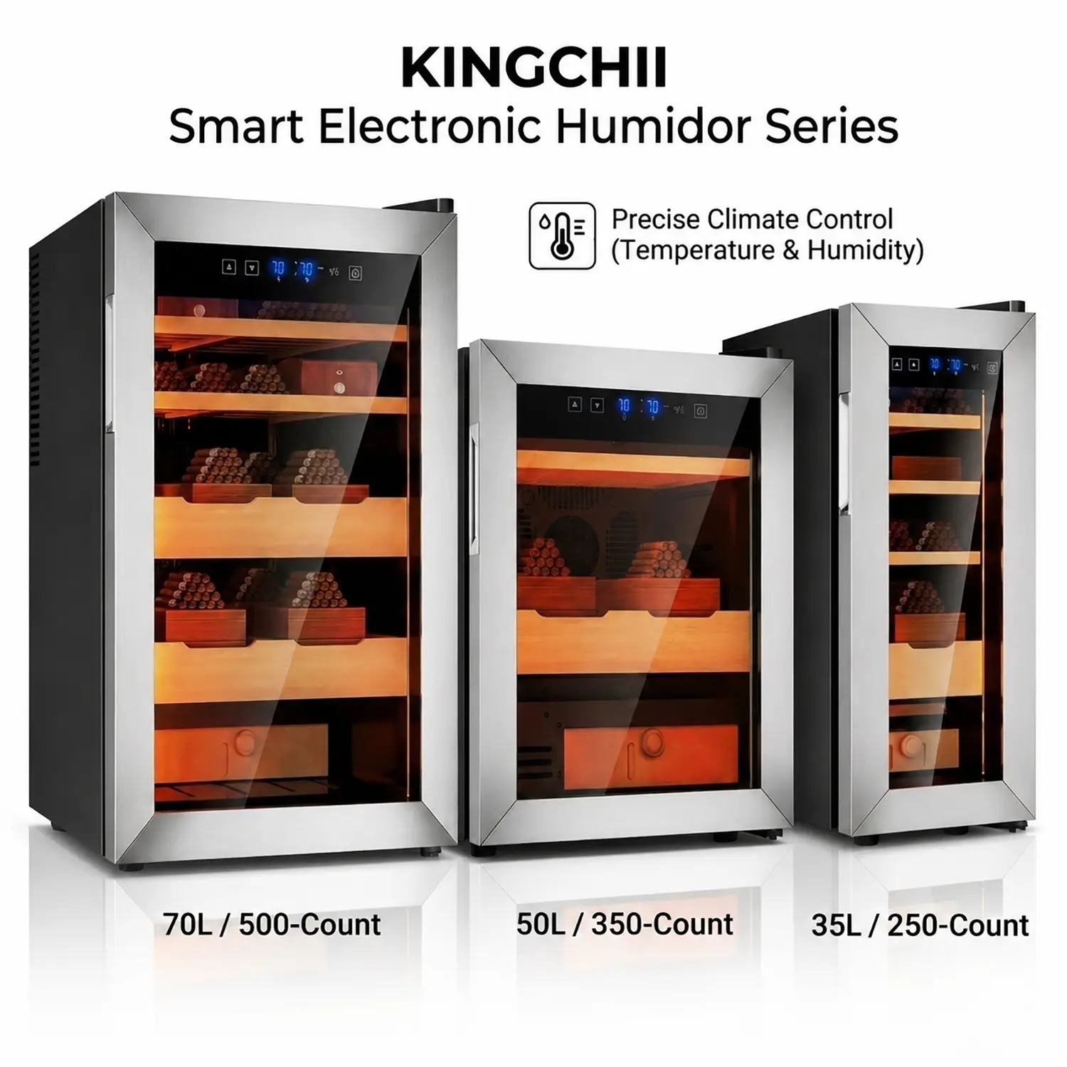 KINGCHII Smart Electronic Climate Cabinet, 2-Way Auto Control, Premium Spanish Cedar Shelves, Professional Collection Storage (35L / 50L / 70L Models)