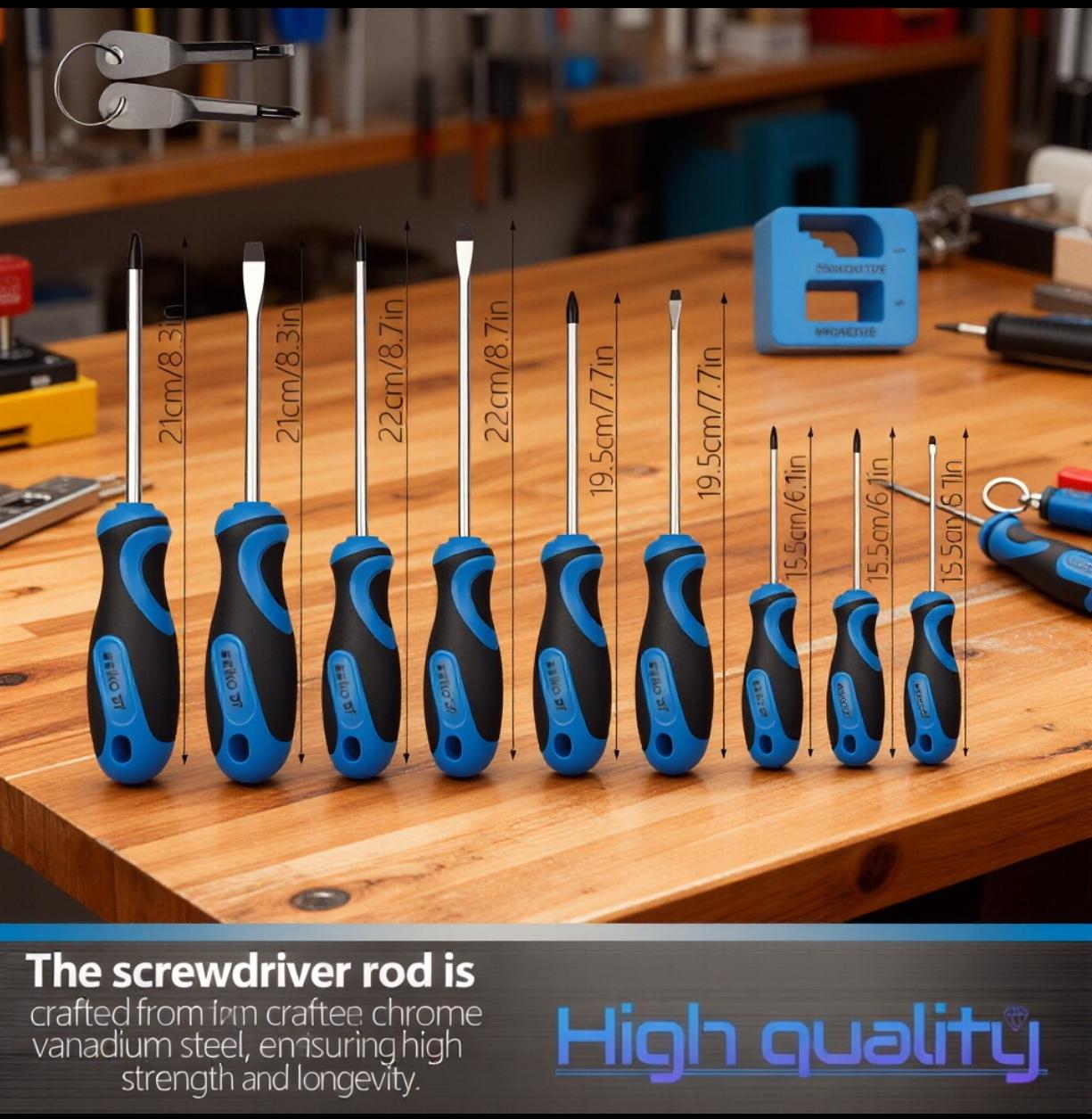 11-Piece Screwdriver Set, High Hardness and Toughness, Professional Tool Material, Ultra-Hard and Strong Magnetic, Large and Small Sizes, Stubby Screwdrivers, Phillips and Slotted Screwdrivers, for Home Use