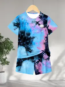 Trendy Set, Full-Zip Tie-Dye Coconut Tree Printed Short Sleeves + Shorts, Eye-Catching, All-Season Wear