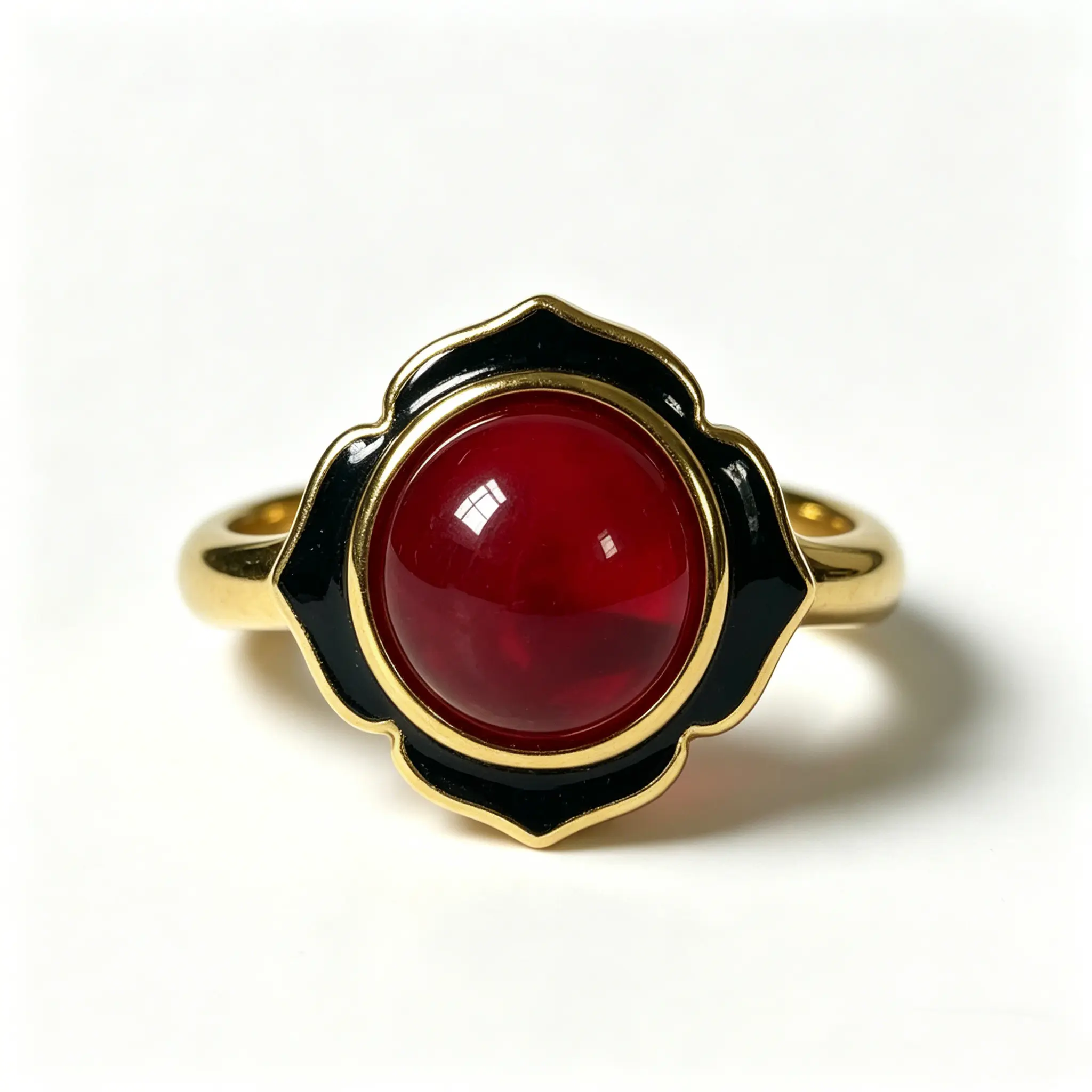 This vintage-inspired, slightly luxurious enamel-set ring is crafted from 14K gold-plated copper and features a round brilliant-cut synthetic ruby surrounded by petal-shaped black enamel, making it the perfect accessory to complement your everyday look.