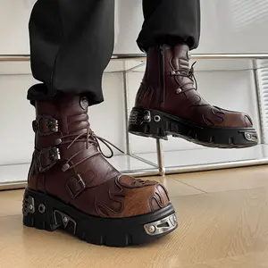 Brown Work Boots Men's Chunky｜Skull Print Leg-Lengthening Casual/Commuter Use