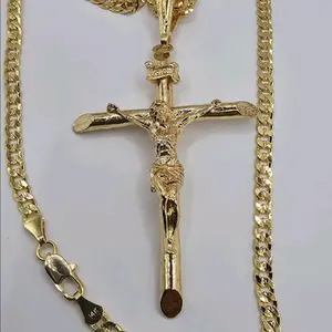 CHRIST ON THE CROSS plain color  Cuban link necklace 24"inches gold-plated