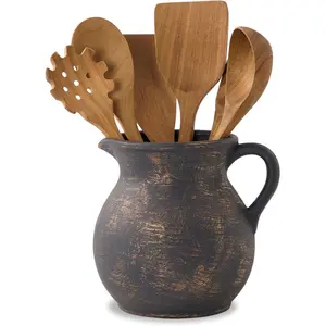 Rustic Kitchen Utensil Holder - 7.6 Inch Ceramic Utensil Crock for Countertop, Vintage Kitchen Counter Decor