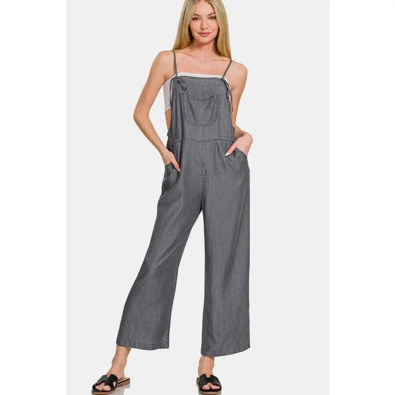 Zenana Washed Adjustable Strap Wide Leg Denim Overalls