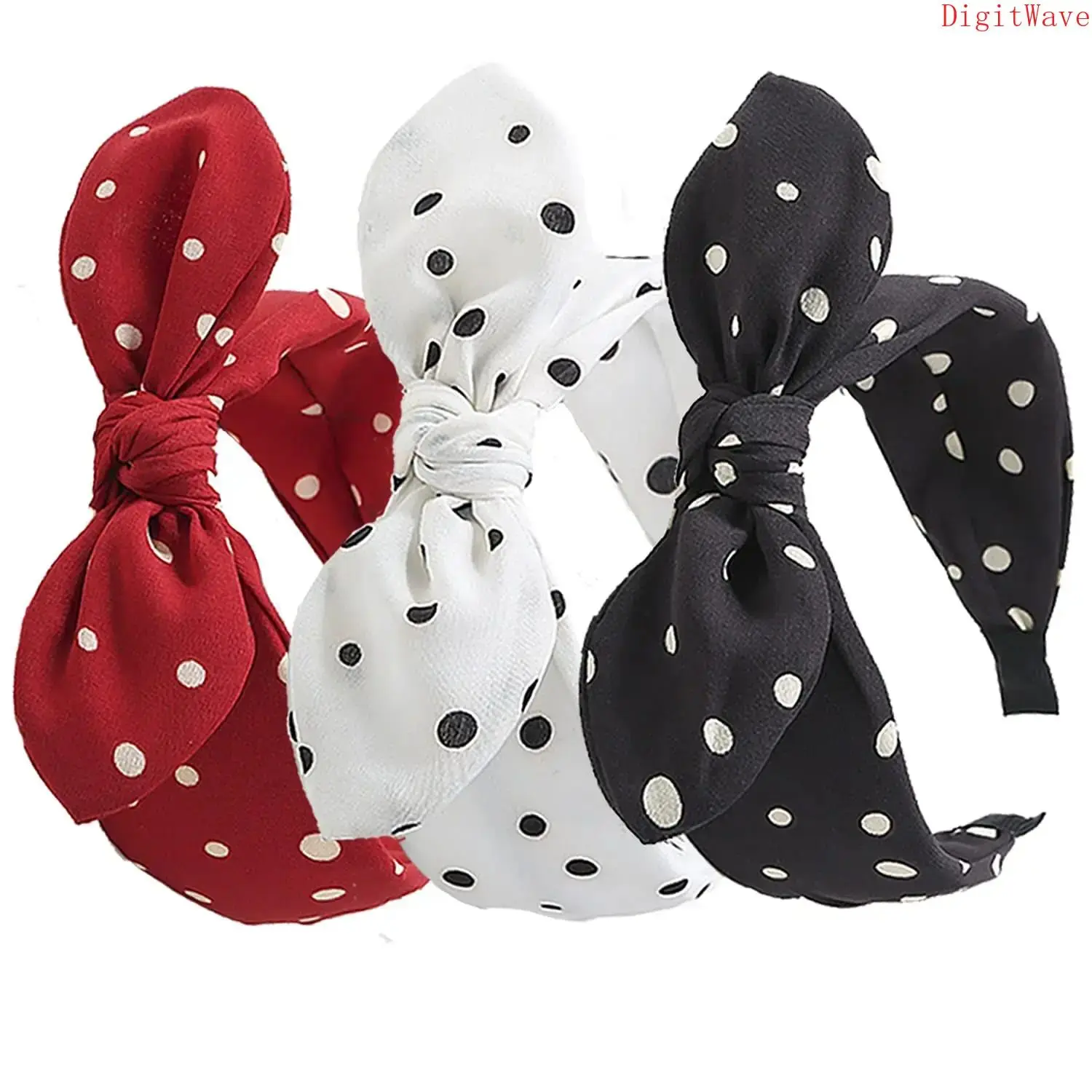 Female 3-Pack Wide Polka Dot Rabbit Ear Bow Headbands, Acrylic Fabric Elastic-Adjustable Non-Slip Soft Sports & Outdoor Hair Accessories for Daily Wear, Parties