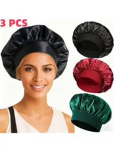 3-Pack Satin Sleep Caps, Silk Sleeping Hats with Adjustable Elastic Band, Night Hair Protection for Long and Curly Hair, Adjustable Satin Bonnet