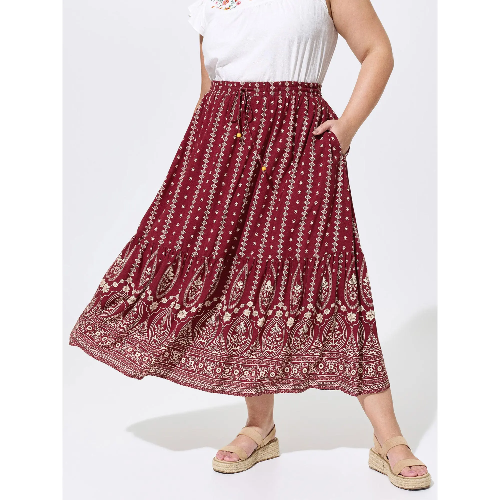 BloomChic Women's Plus Size Bohemian Midi Skirt - Ethnic Floral Rayon Comfy Simple Everyday Bottom with Flowy Flattering Fit for Summer, Midi Skirts, Floral Skirts