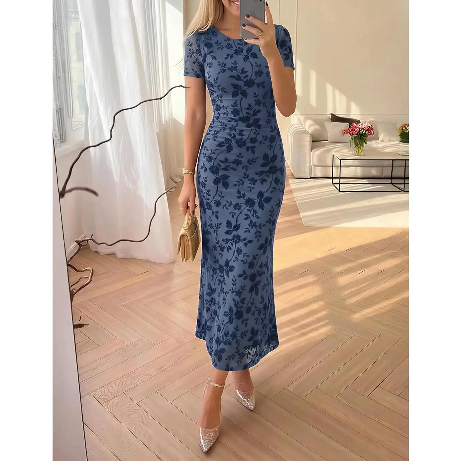 bodycon maxi dress short Women's Bodycon Maxi Dress, Elegant Floral Print, Ruched Short Sleeve Mesh  Gown for Wedding Guest and Parties, Sexy