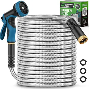 Garden Hose 100FT, Water Hose with 10 Function Nozzle, Garden Hose Metal with Leak-proof Connectors, No-Kink, Lightweight, Puncture-proof, Pet-proof, Sturdy, 550PSI, Hose for Outdoor, Yard