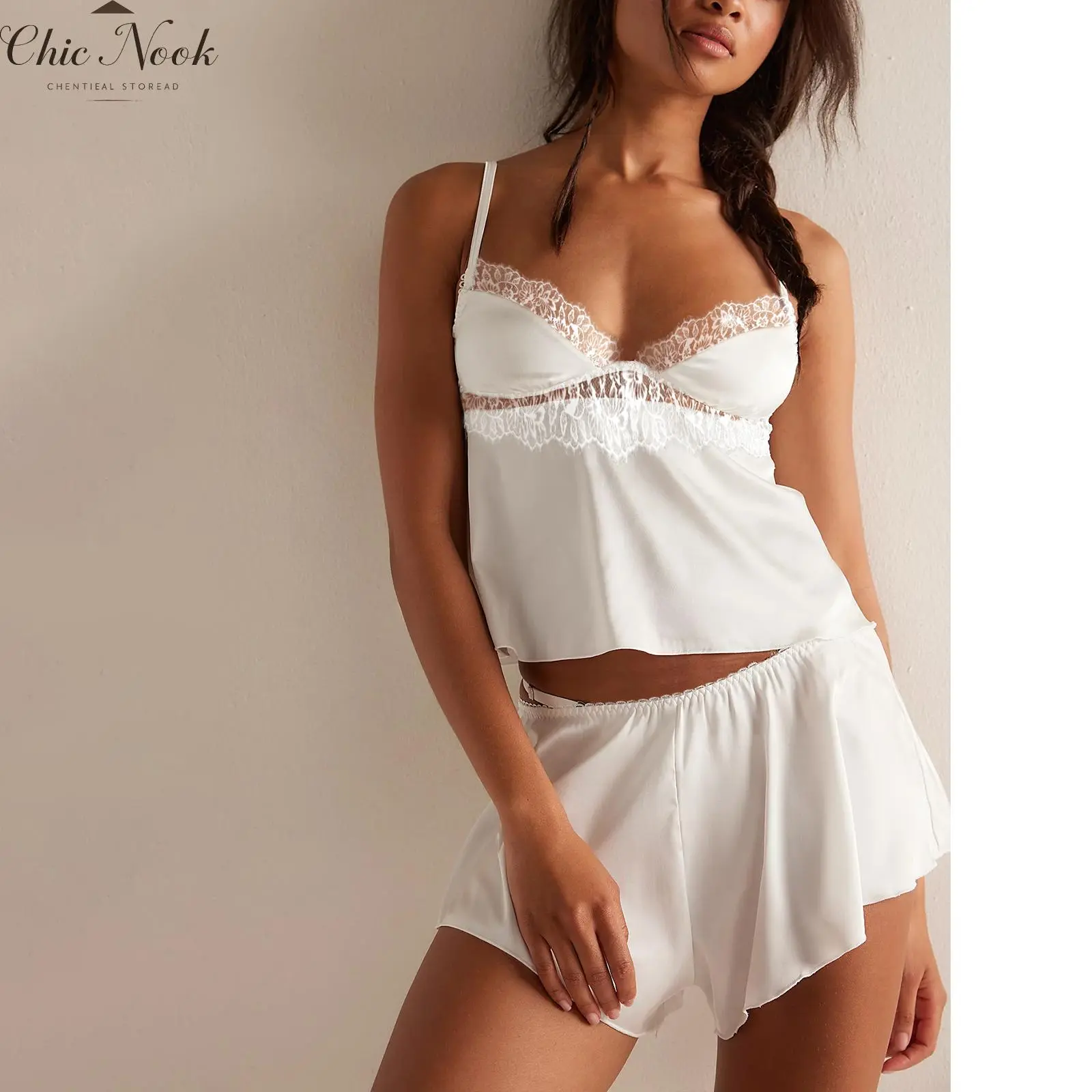 Silk Pajamas Set for Women 2 Piece Lace Sleepwear Sexy Lingerie Cami Top  Shorts PJ Set Nightwear - TikTok Shop