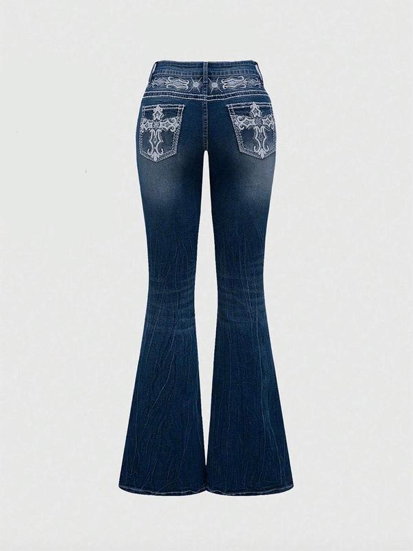 Grunge Punk Y2K Retro Poket Cross Wings Embroidered Flare Leg Fitted Stretch Jeans For Women,Bootcut Jeans