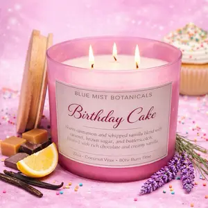 Blue Mist Botanicals Luxury Birthday Cake 3-Wick Candle 22oz Coconut Wax 80hr Burn Time Warm Cinnamon Vanilla Blend Decor Ornaments Cozy Atmosphere - Decorative