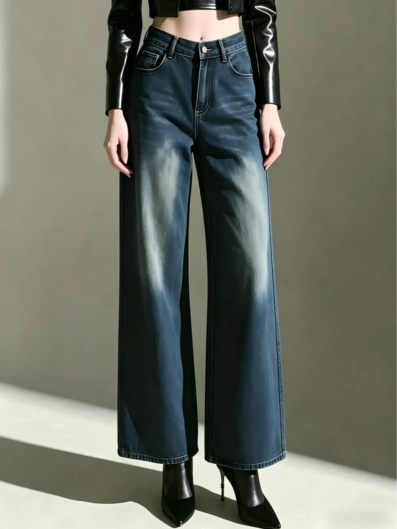 Women's High-Rise Straight Leg Washed Denim Jeans - Comfortable Classic Long Pants, Fitted Sculpted Minimalist Trousers with Pockets, Leg-Lengthening, Flattering, Shape-Retaining Cold-Wash Bottoms, Straight Leg Jeans, Long Jeans