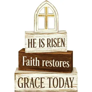 Easter Decorations - He Is Risen Cross Tiered Tray Decor - Faith Restores Grace Today Religious Wooden Tabletop Sign - Farmhouse Easter Christian Home Decor Indoor - Spring Home Decor for Living Room, Kitchen Counter, Seasonal Farmhouse Display