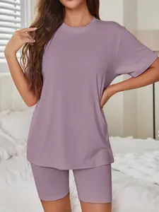 Women's Spring & Fall Two-Piece Pajama Set Pjs, Short Sleeve Round Neck Sleepwear & Loungewear & Cycling Pants, Comfortable Soft Elegant Daily Wear