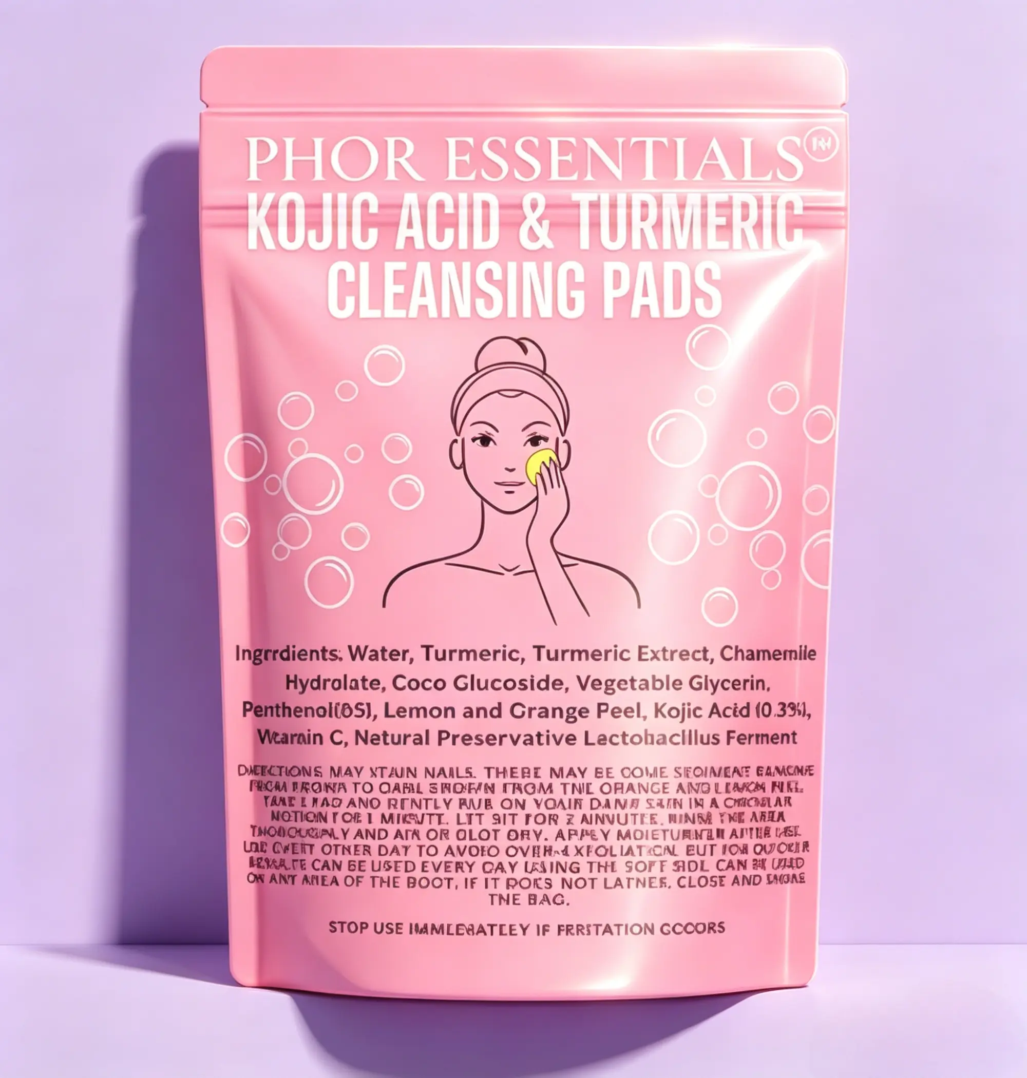 PHOR ESSENTIALS Skin Brightening Daily Facial Cleanser Pads, Cleansing Formula with Turmeric, Kojic Acid and Chamomile Extract