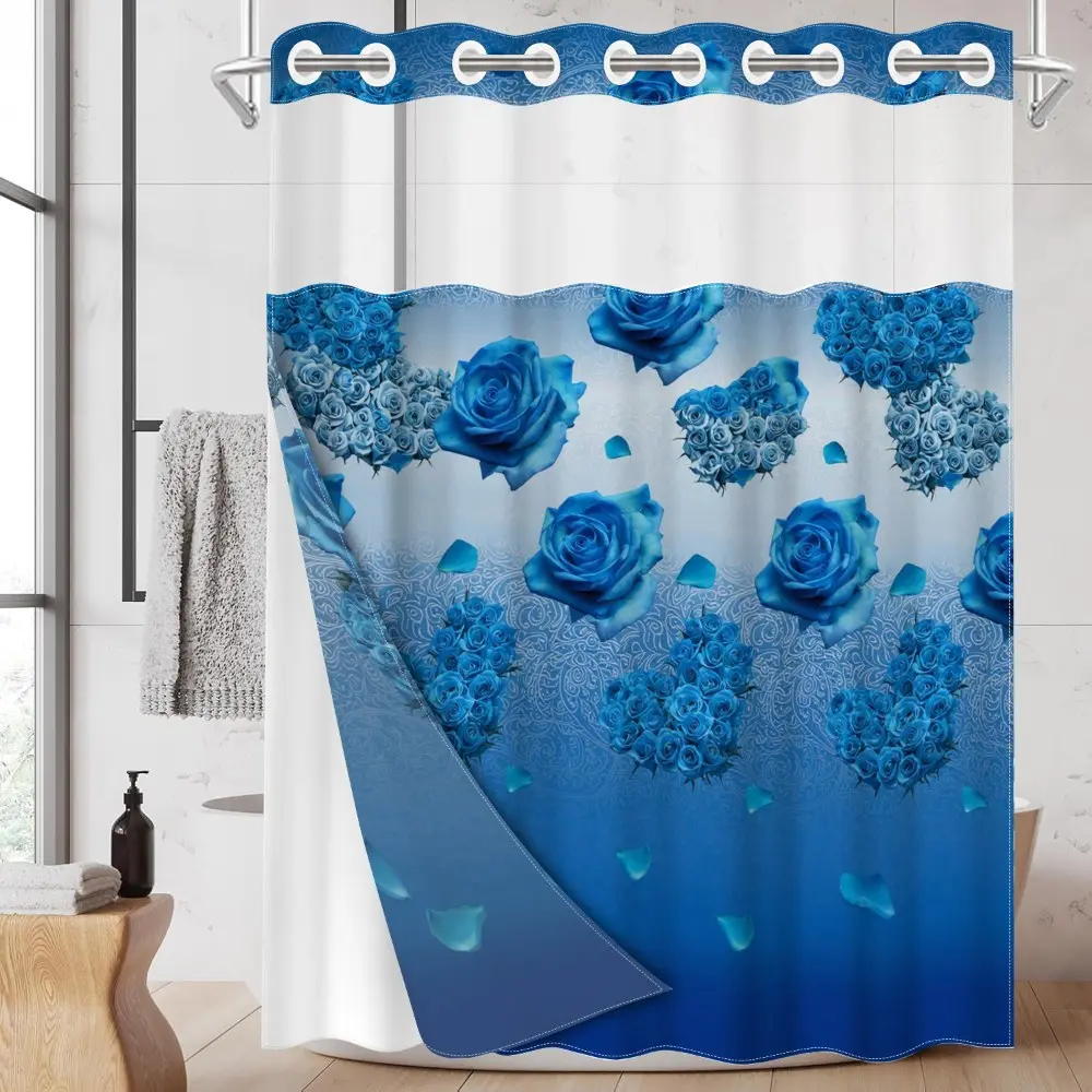 1pc hookless shower curtain with buckle lining, Flower shower curtain, blue background with rose floral pattern design, printing, fabric waterproof lining, Shower Curtain Liner, see-through double-layer shower curtain, 71 x 74 inches, Bathroom Curtain