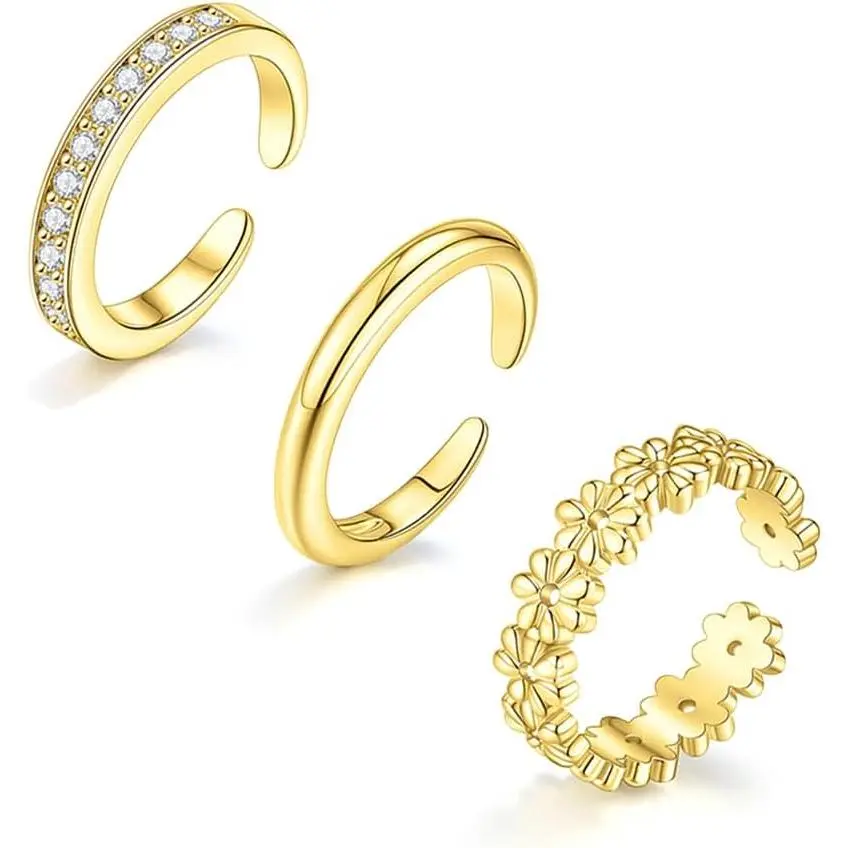 3Pcs Toe Rings for Women Non Tarnish - Adjustable 14K Gold Filled Toe Ring Silver Dainty Open Toe Rings Set Waterproof Summer Beach Foot Jewelry