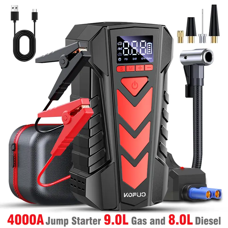 KOPUO 5-in-1 Jump Starter with Air Compressor 4000A 150PSI Portable Car Battery Jump Starter (9L Gas/8L Diesel), 12V Jump Box Car Battery Jumper Start