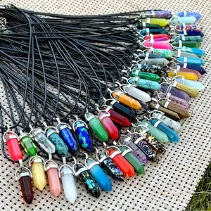 60pcs/30Sets Different Colors Hexagonal Crystal Natural Stone Pendants, with Black Leather Necklace Chain, for DIY Jewelry Craft Making, Daily Wear and Gift Giving