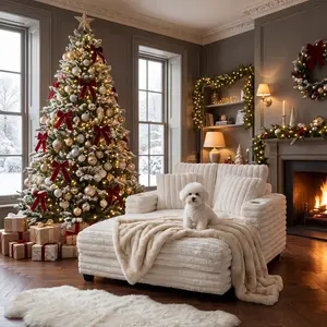 Homsee 59.4"x 52.7" Oversized Chaise Lounge Chair Indoor Faux Bunny Fur Upholstered Sleeper Couch with Pillows and Cup Holders Wood Frame Cloud Bed Sofa for Living Room Off-White