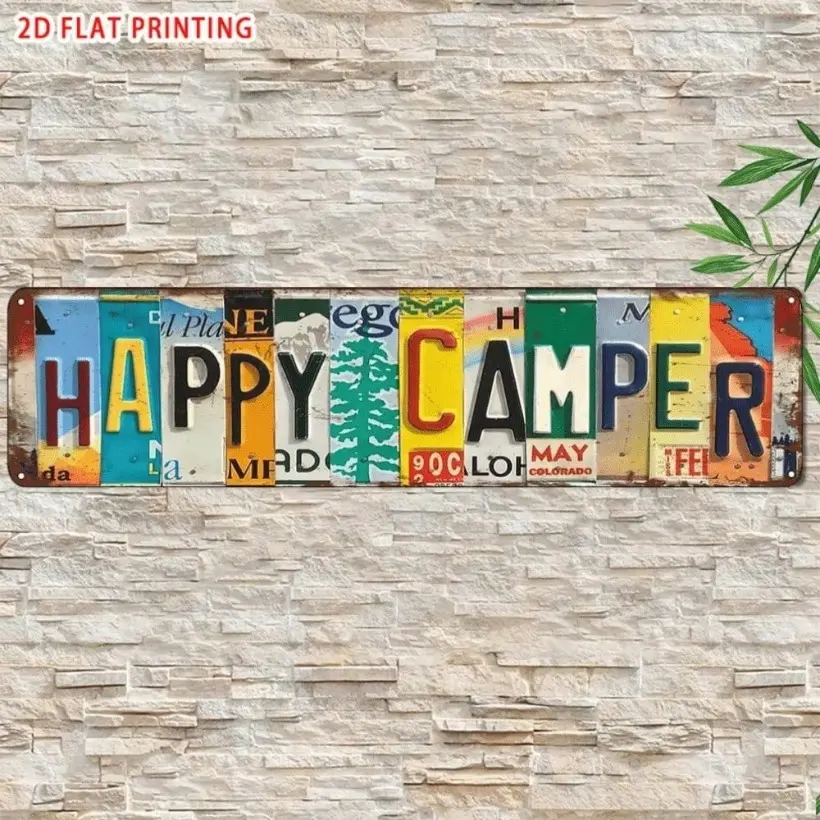 16x4 Inch Retro Aluminum Happy Camper Sign UV Printed Durable Aluminum Wall Art for Home Bar Cafe and Outdoor Decor