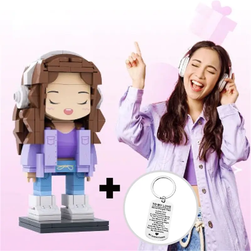 Full Body Customizable 1 Person Custom Brick Figures Small Particle Block with Keychain Set Creative Valentine's Gifts for Her