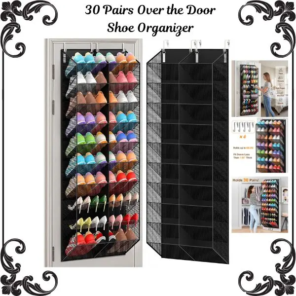 Over Door Shoe Organizer 30 Pairs, Hanging Shoe Rack 10 Tier, Closet Storage with Breathable Mesh Pockets for Sneakers Heels Boots Black