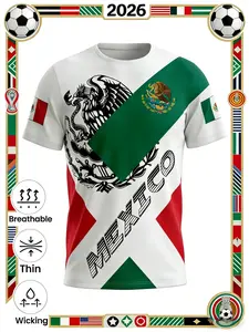 Unisex Mexico Flag Print T-Shirt, Eagle Emblem Short Sleeve, Patriotic Casual Wear for Daily Use and Outdoor Sports