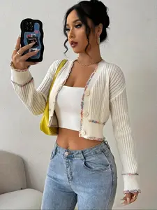 Women's Short Slim Fit Knit Cardigan Long Sleeves, Colorblock Button Front, Versatile Casual Outerwear Knitwear Womenswear for Spring Summer Fall Winter