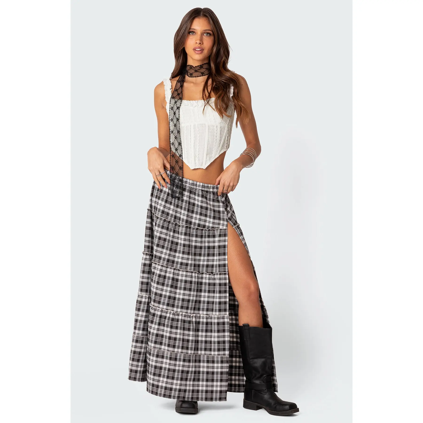 Plaid Side Slit Tiered Maxi Skirt