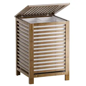 SMIBUY Double Laundry Hamper with Lid 120L Bamboo Laundry Basket with Removable Liner Bag 2-Section Clothes Divider Laundry Sorter for Laundry Room Bathroom Bedroom Walnut