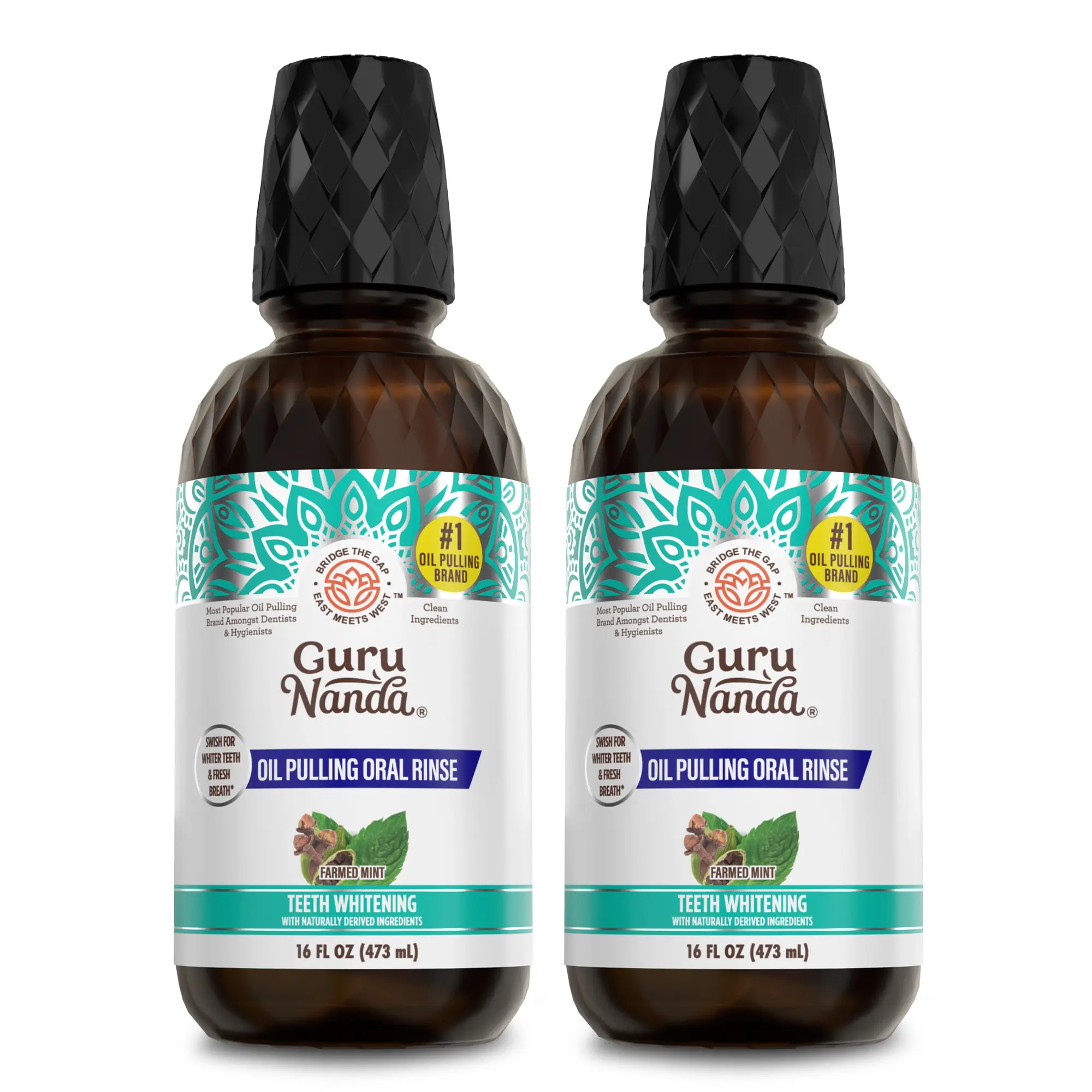 GuruNanda Refill Size Farmed Mint Oil Pulling Mouthwash with 7 Essential Oils & 3 Vitamins, Promotes Fresh Breath & Happy Gums, Alcohol-Free, 16 fl oz, 2 Pack