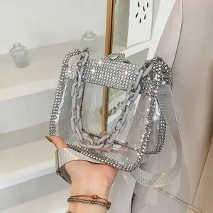 Fashion Rhinestone Decorated Square Shoulder Bag, Transparent Stitching Single Shoulder Bag, Acrylic Strap Women's Handbag for Music Festivals