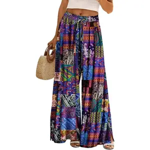 Women Summer Boho  Pants 2024 High Waist Wide Leg Floral Casual Cotton Lounge Trousers with Pockets