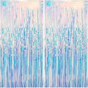 2 Pack Iridescent Fringe Curtain,3.28x6.56 FT Iridescent Backdrop, Birthday  Decorations,Under The Sea Backdrop,Tinsel Foil Fringe Curtain for Beach, Theme,Photo Booth,Door Streamers